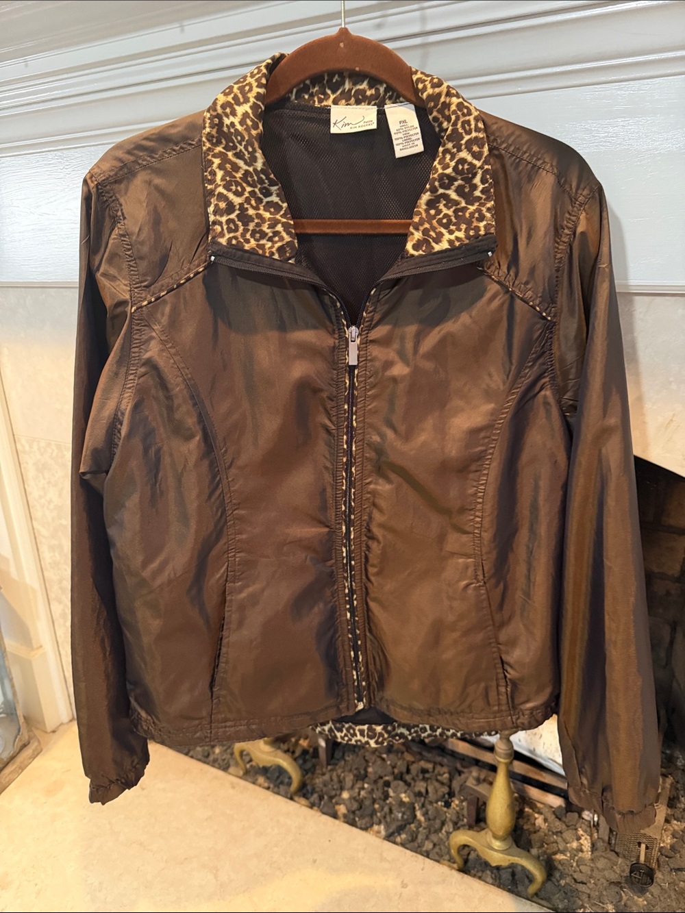 Kim Rogers Brown Bomber Jacket with Leopard-Print Collar size XLp